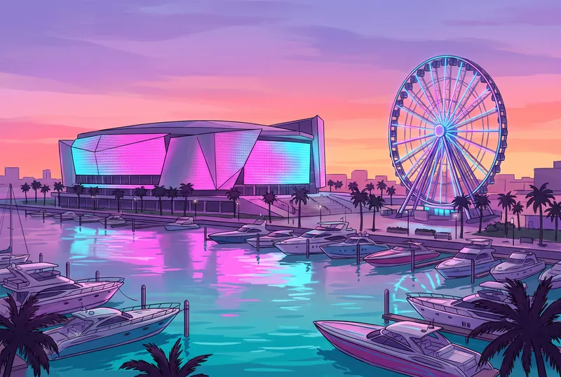 Illustrated Miami bayfront arena and Ferris wheel at night