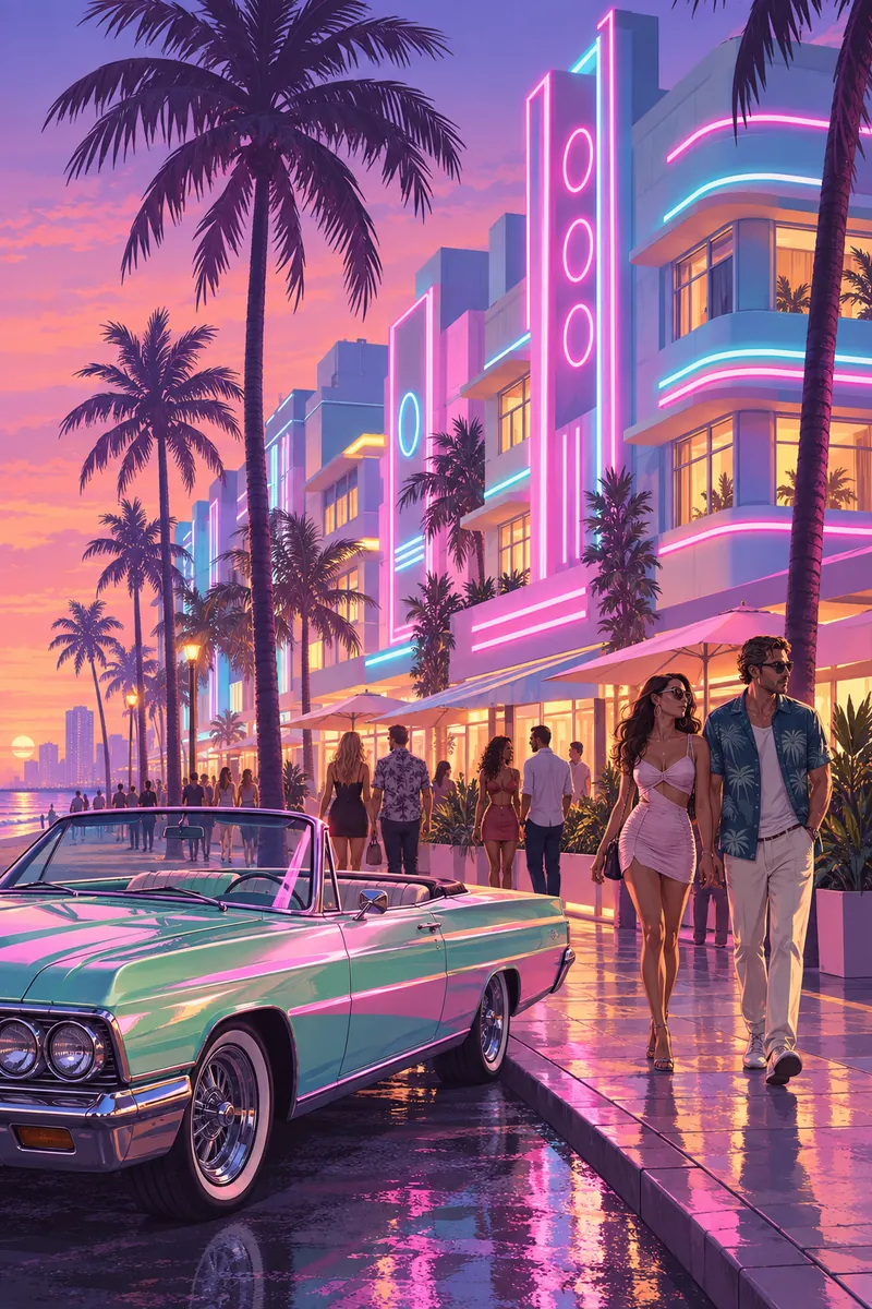 Illustrated neon Art Deco hotels on a Miami Beach avenue at dusk