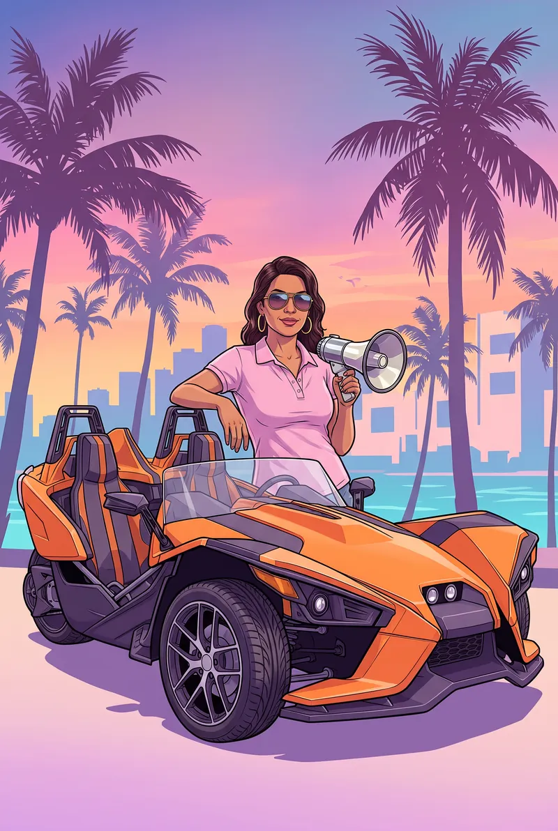 Illustrated Miami tour guide with a megaphone leaning on an orange Slingshot