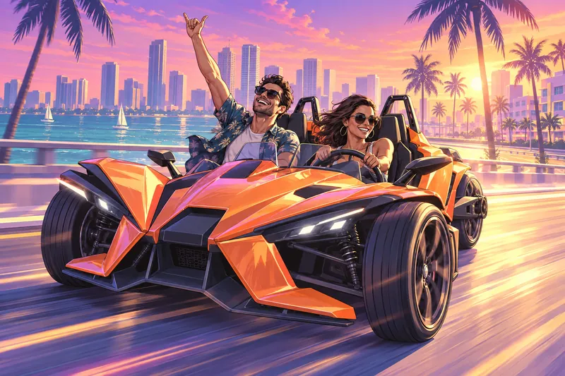 Illustrated Slingshot speeding across a Miami causeway at golden hour