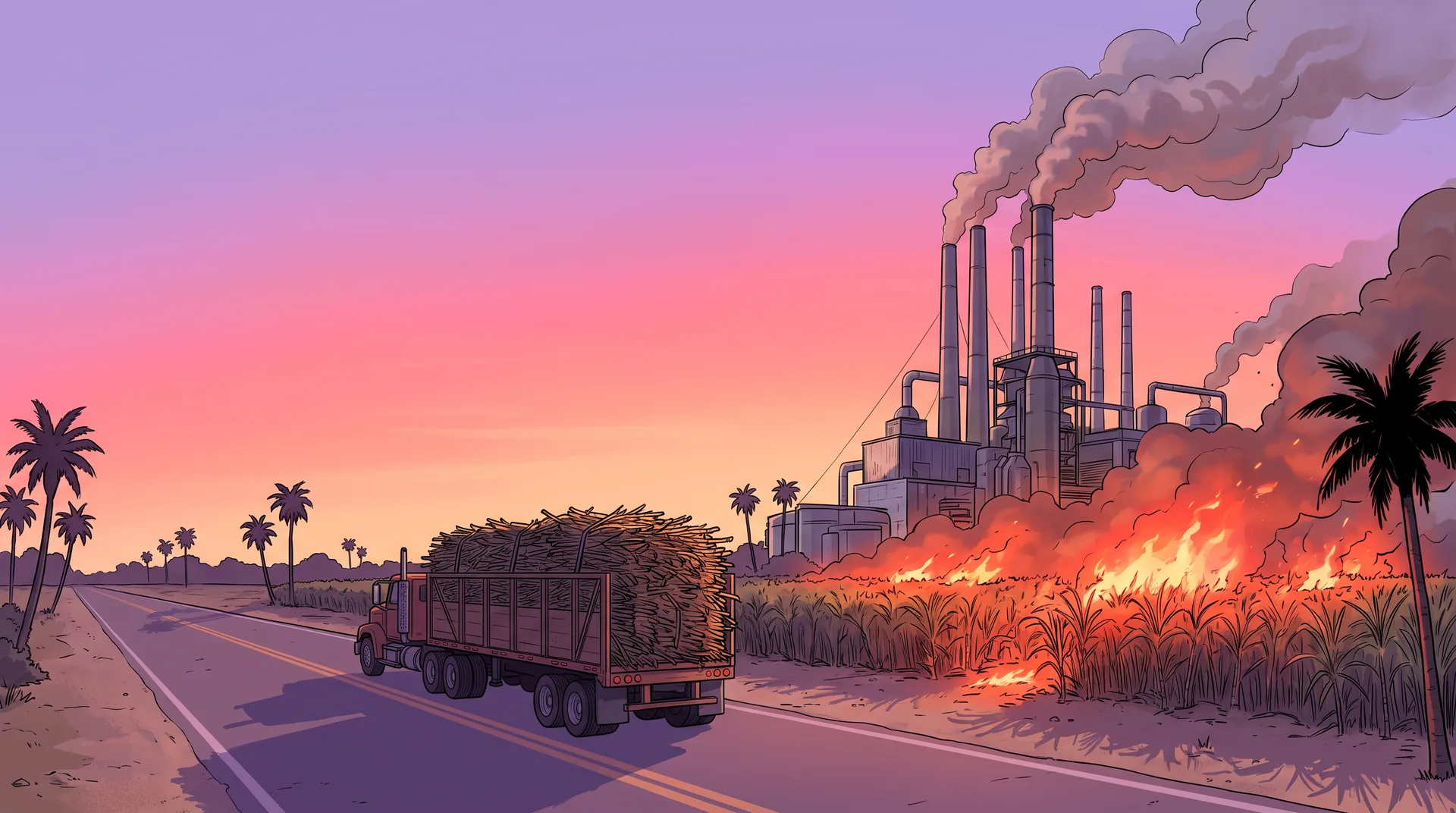 Illustration of Clewiston & the Lake Okeechobee sugar belt in the GTA VI art style