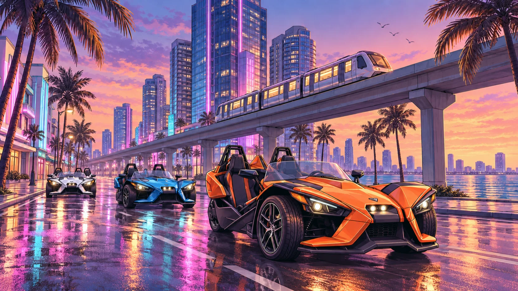 Illustration of a Slingshot convoy on a neon downtown Miami street at night
