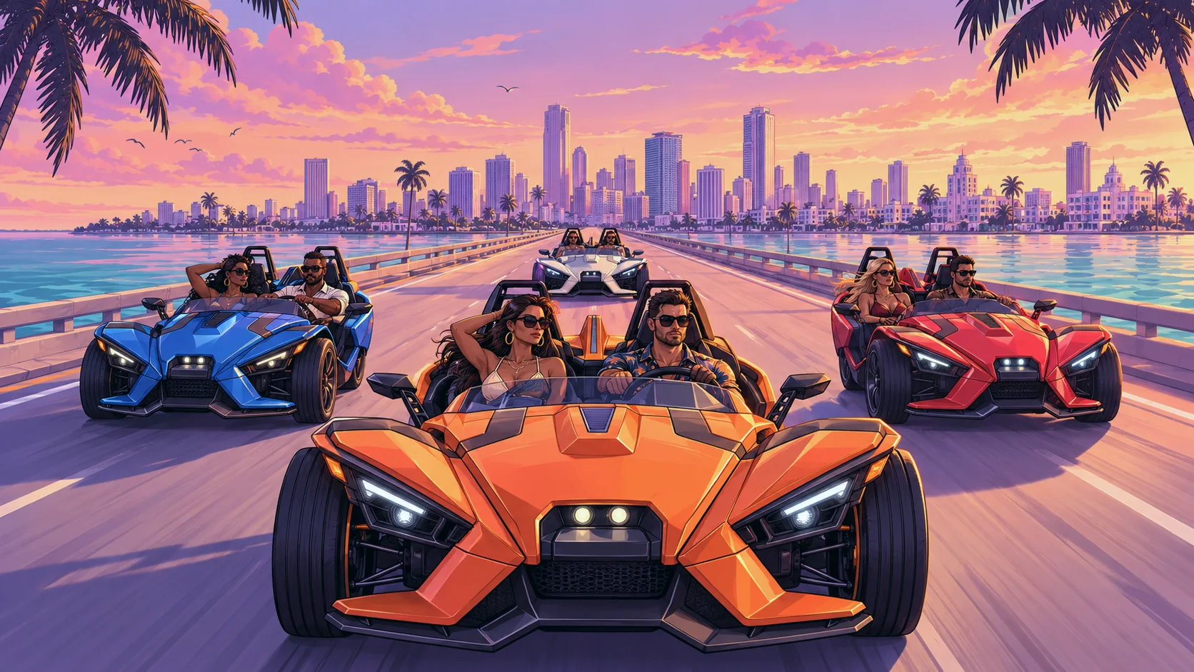 Illustration of a Slingshot convoy on a Miami causeway at sunset