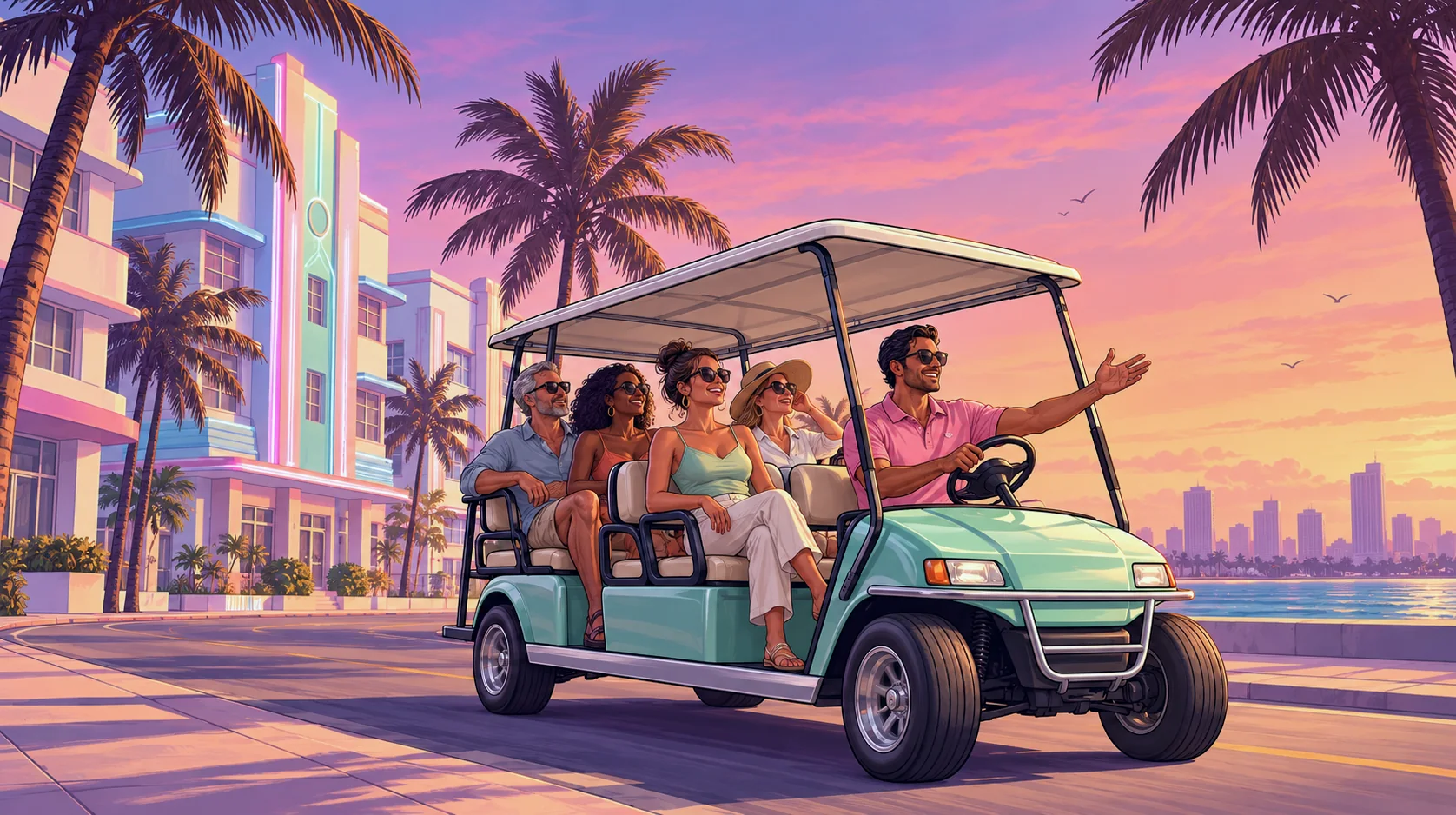 Illustration for the Vice Beach Golf Cart Cruise tour