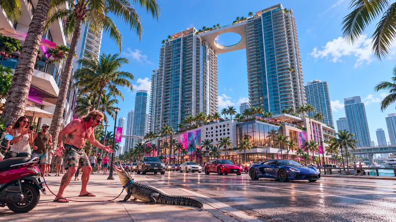 500 Brickell rebuilt in GTA VI style: 500 Brickell, rebuilt as a Vice City scene
