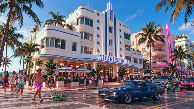 Atlantis Hotel rebuilt in GTA VI style: Atlantis Hotel, rebuilt as a Vice City scene