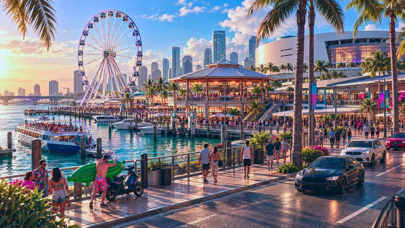 Bayside Marketplace and Skyviews Miami Observation Wheel rebuilt in GTA VI style: Bayside Marketplace and Skyviews Miami Observation Wheel, rebuilt as a Vice City scene