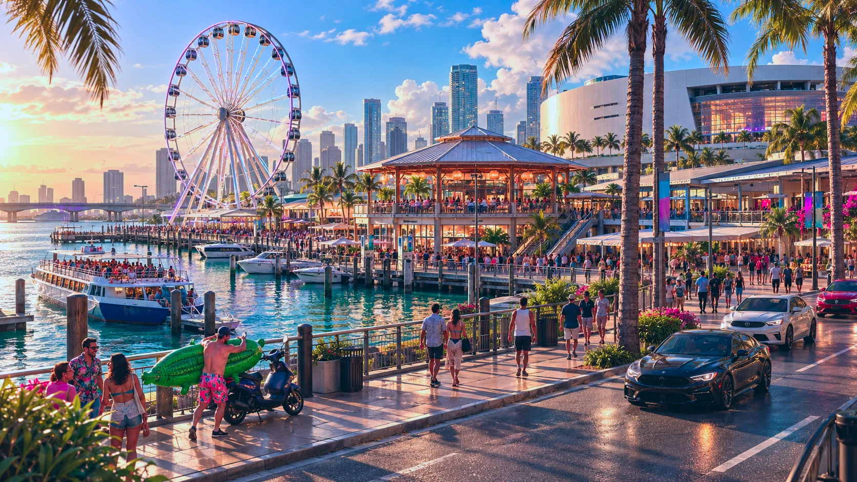Bayside Marketplace and Skyviews Miami Observation Wheel rebuilt in GTA VI style: Bayside Marketplace and Skyviews Miami Observation Wheel, rebuilt as a Vice City scene