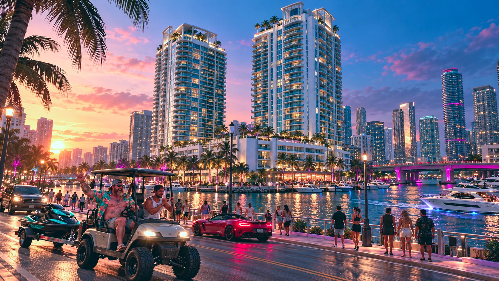 Brickell on the River rebuilt in GTA VI style: Brickell on the River, rebuilt as a Vice City scene