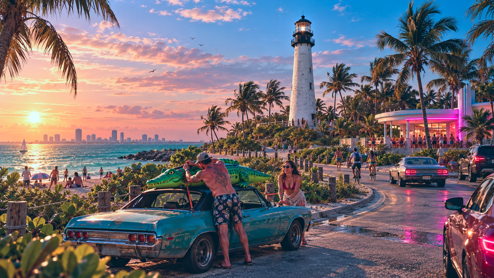 Lighthouse rebuilt in GTA VI style: Lighthouse, rebuilt as a Vice City scene