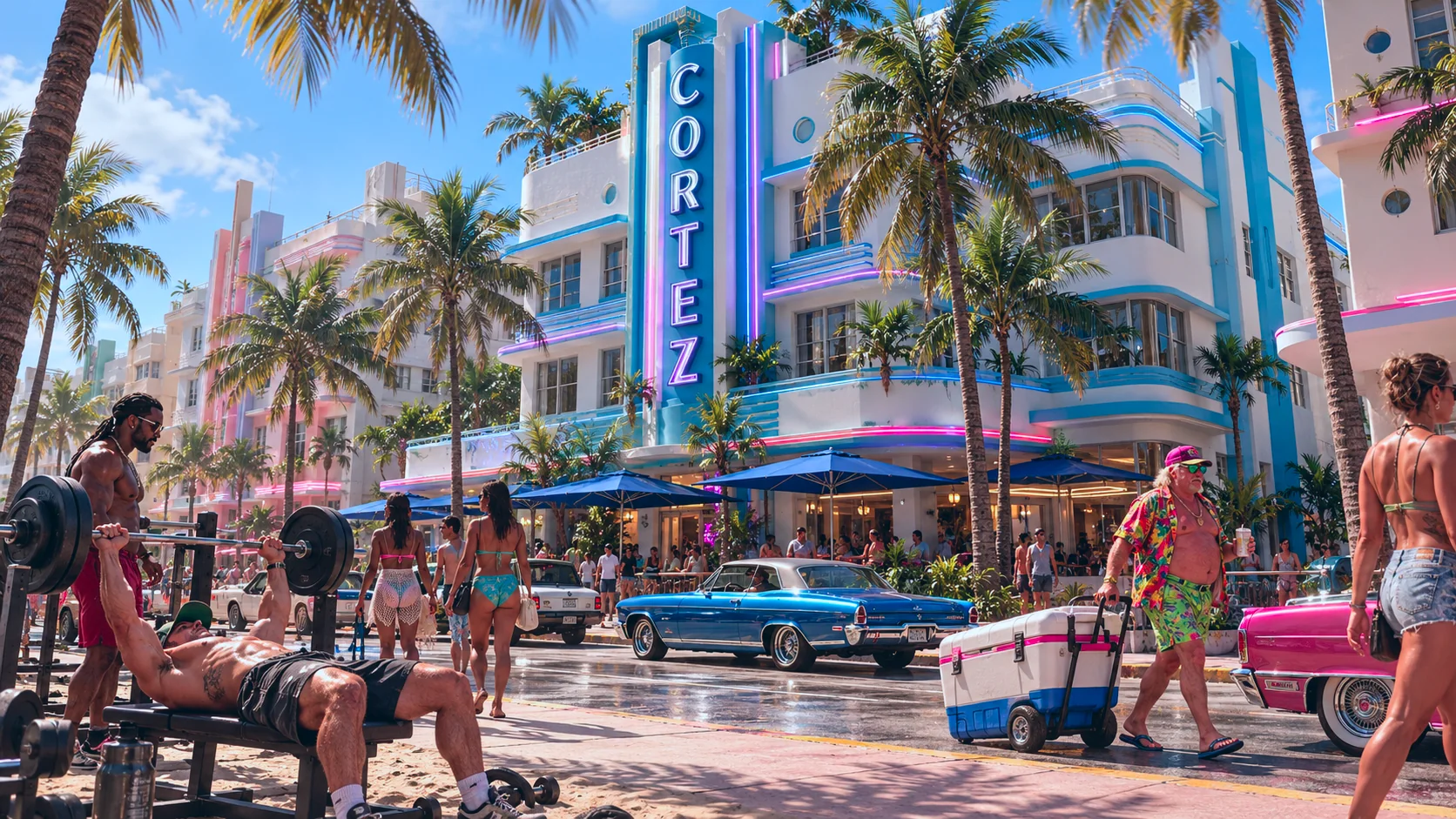 Cortez Hotel rebuilt in GTA VI style: Cortez Hotel, rebuilt as a Vice City scene