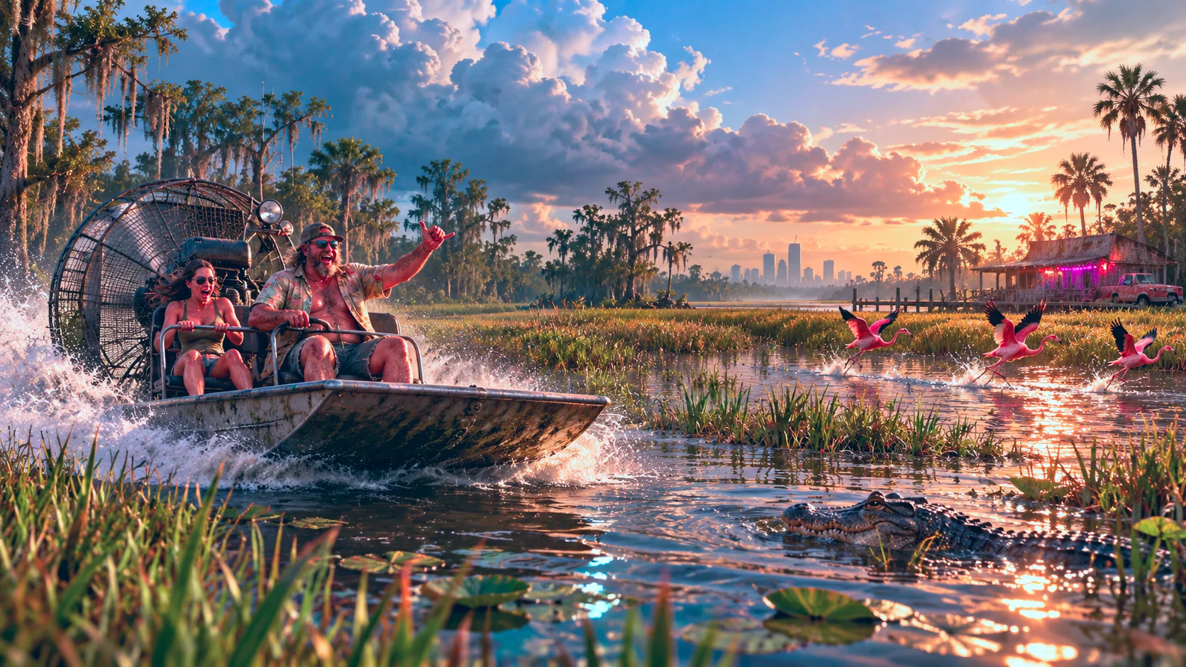 Grassrivers rebuilt in GTA VI style: An airboat tearing through the Grassrivers at golden hour