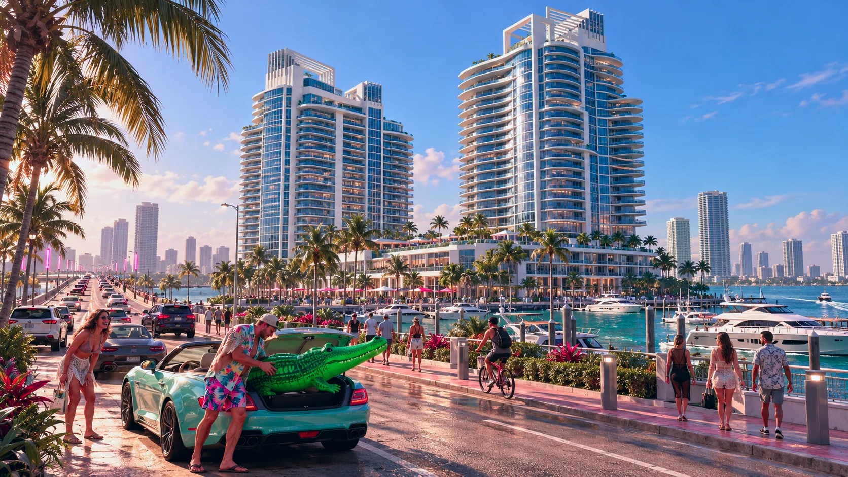 The Floridian and Murano Grande condominiums rebuilt in GTA VI style: The Floridian and Murano Grande condominiums, rebuilt as a Vice City scene