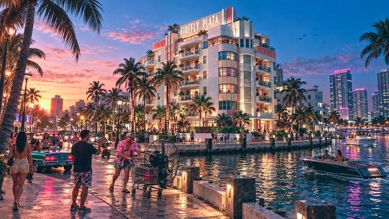 Firefly Plaza rebuilt in GTA VI style: Firefly Plaza, rebuilt as a Vice City scene