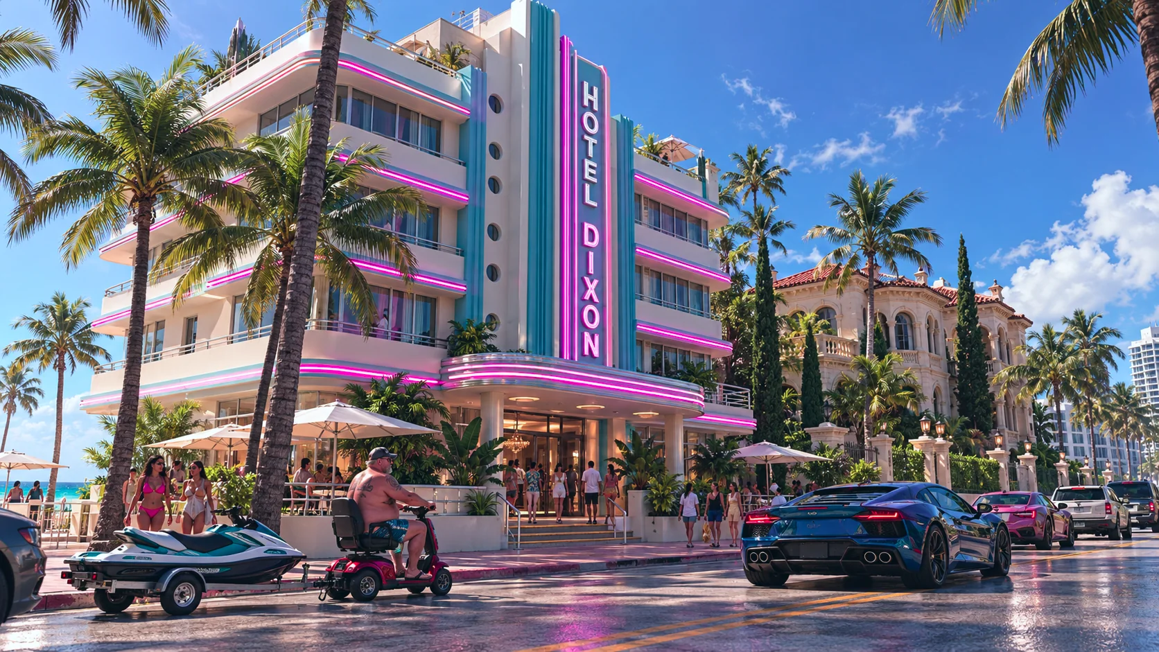 Hotel Dixon rebuilt in GTA VI style: Hotel Dixon, rebuilt as a Vice City scene