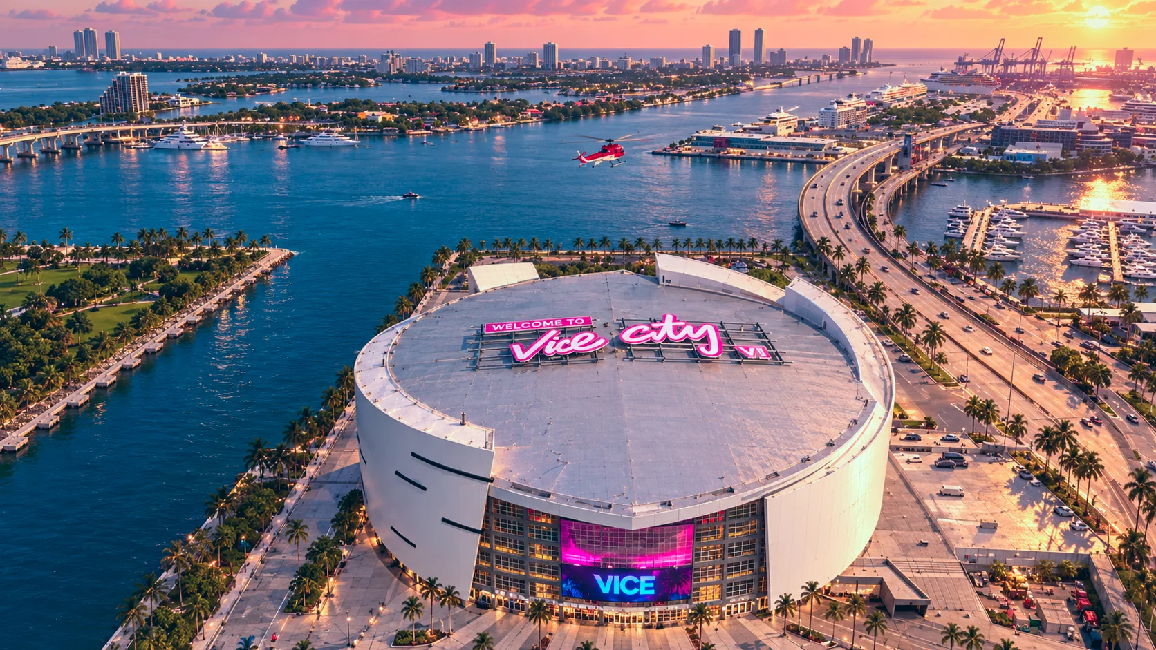 Sahara Arena rebuilt in GTA VI style: Aerial of the arena at golden hour with the Welcome to Vice City sign on the roof