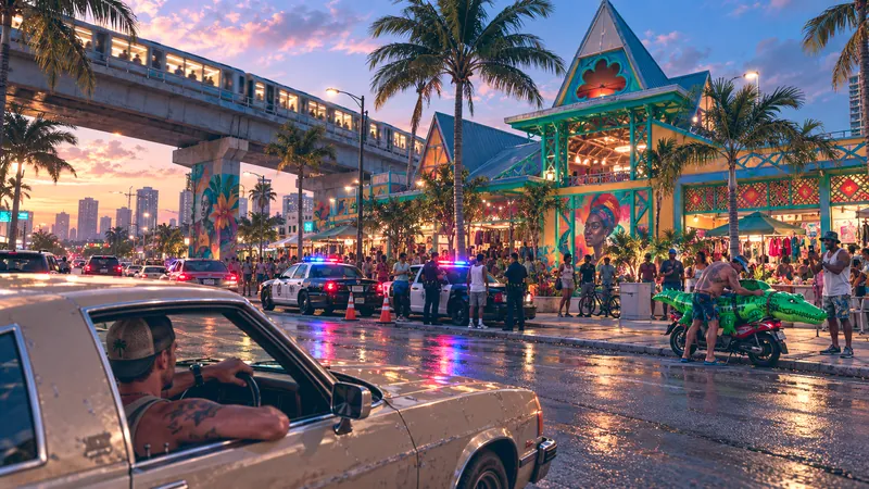Little Haiti Cultural Complex and Caribbean Marketplace rebuilt in GTA VI style: Little Haiti Cultural Complex and Caribbean Marketplace, rebuilt as a Vice City scene