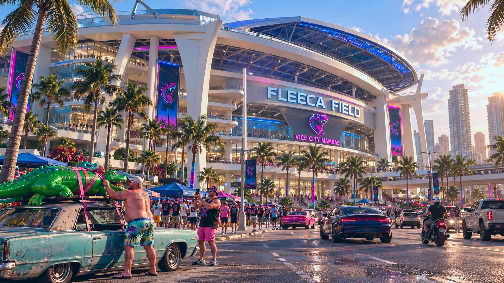 Fleeca Field rebuilt in GTA VI style: Fleeca Field, rebuilt as a Vice City scene