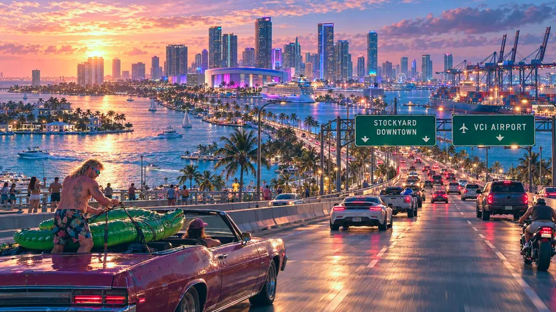 MacArthur Causeway rebuilt in GTA VI style: MacArthur Causeway, rebuilt as a Vice City scene