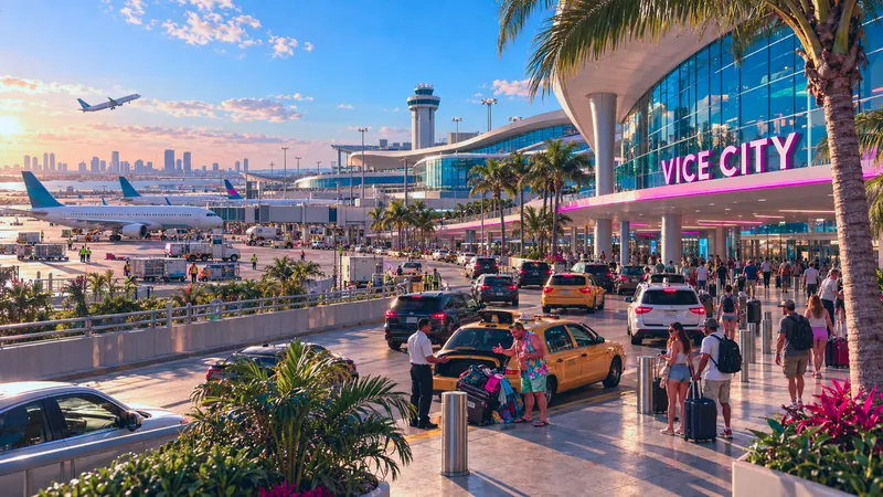 Vice City International Airport rebuilt in GTA VI style: Taxis and travelers outside the Vice City International terminal