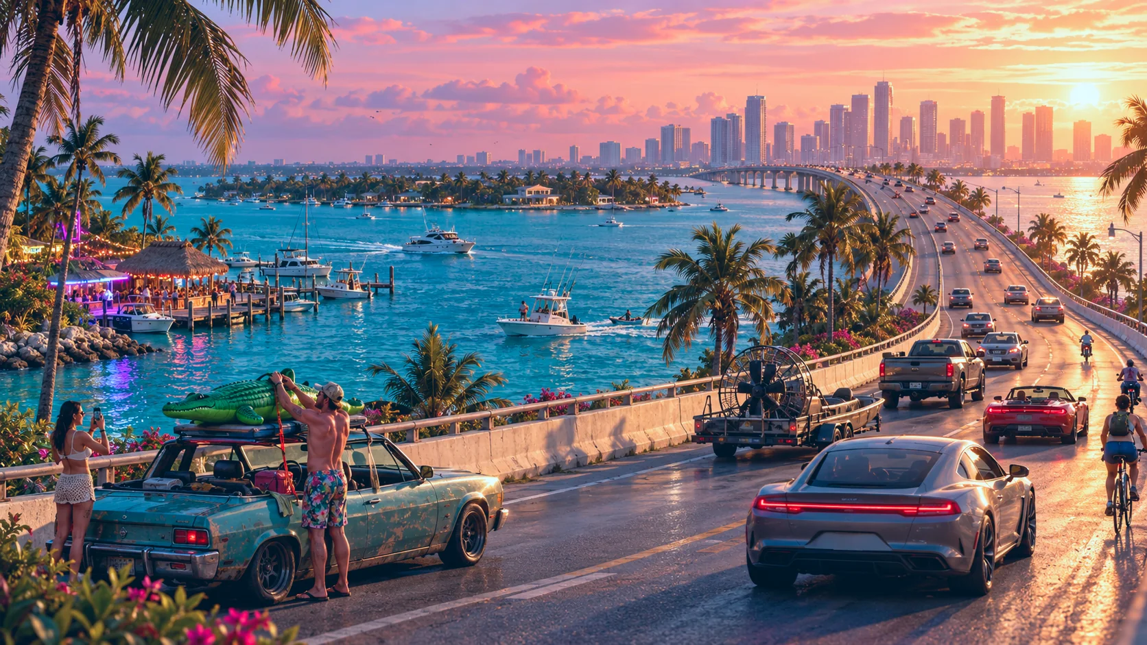 Rickenbacker Causeway to Virginia Key and Key Biscayne rebuilt in GTA VI style: Rickenbacker Causeway, rebuilt as a Vice City scene