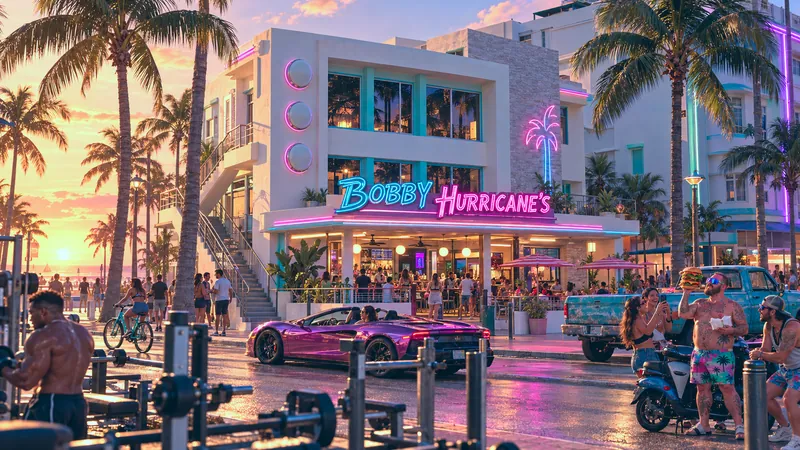 Bobby Hurricane's rebuilt in GTA VI style: Bobby Hurricane's, rebuilt as a Vice City scene