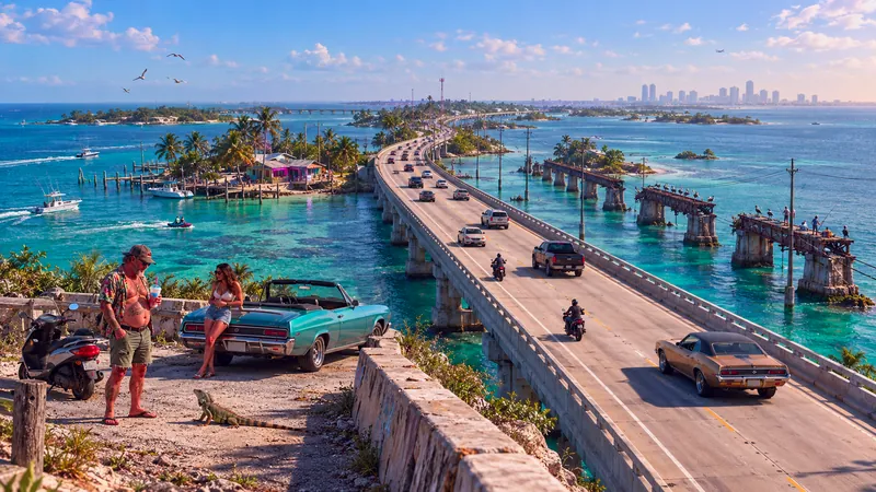 Seven Mile Bridge rebuilt in GTA VI style: Traffic on the Keys causeway beside the old rail bridge
