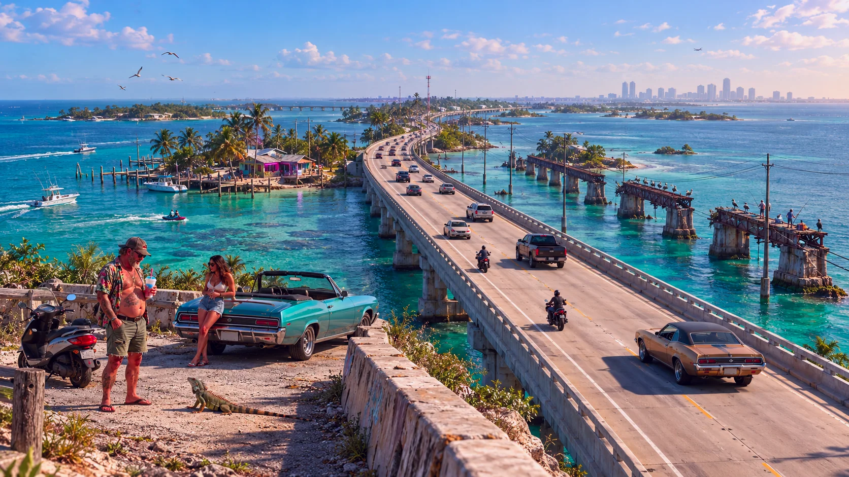 Seven Mile Bridge rebuilt in GTA VI style: Traffic on the Keys causeway beside the old rail bridge