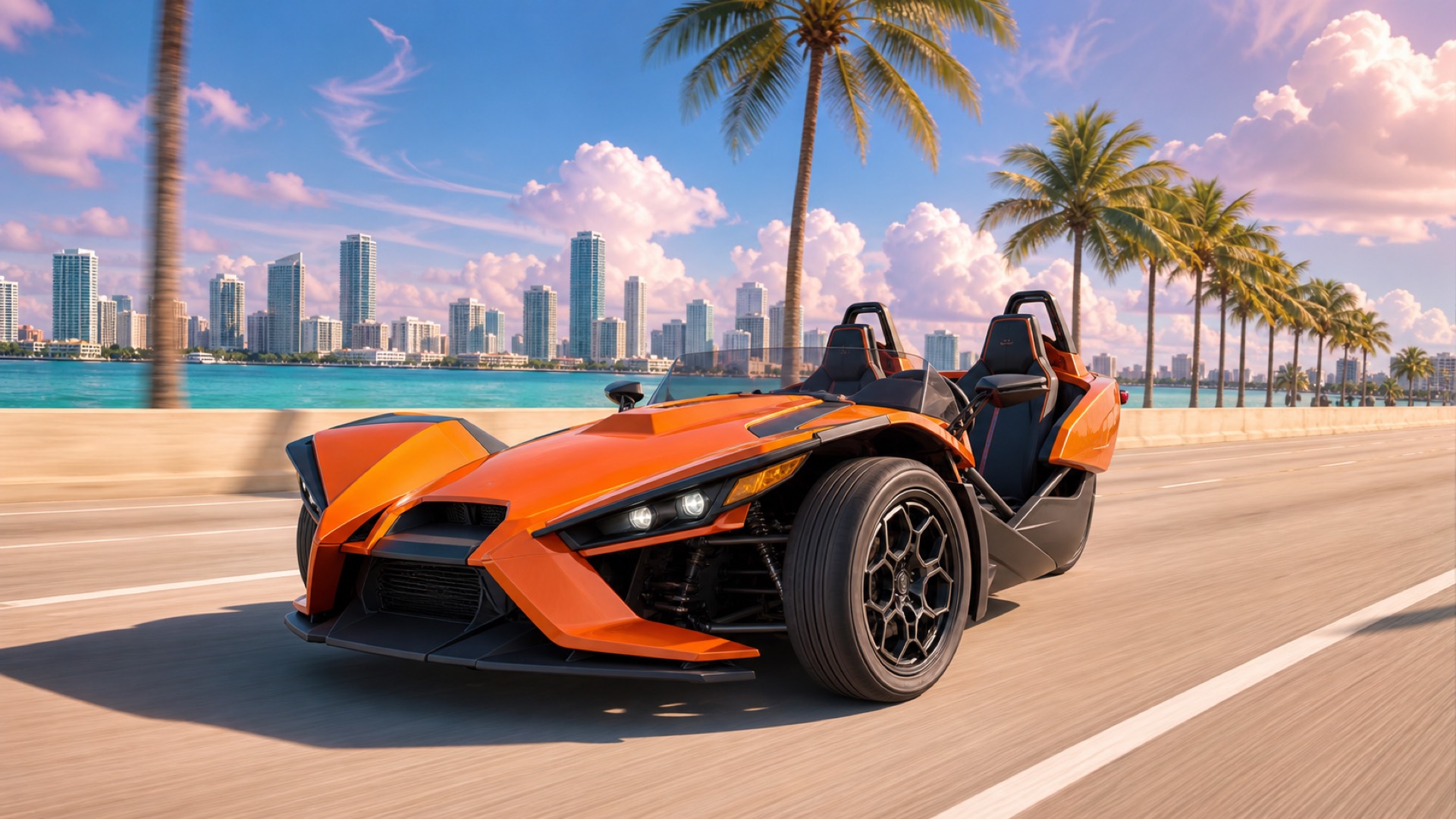 A Sunburst Orange 2026 Polaris Slingshot on a Miami causeway