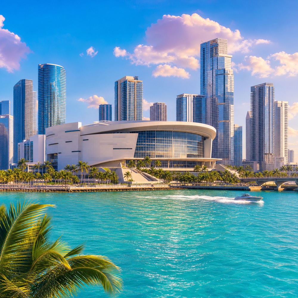 The bayfront arena with the downtown skyline behind it