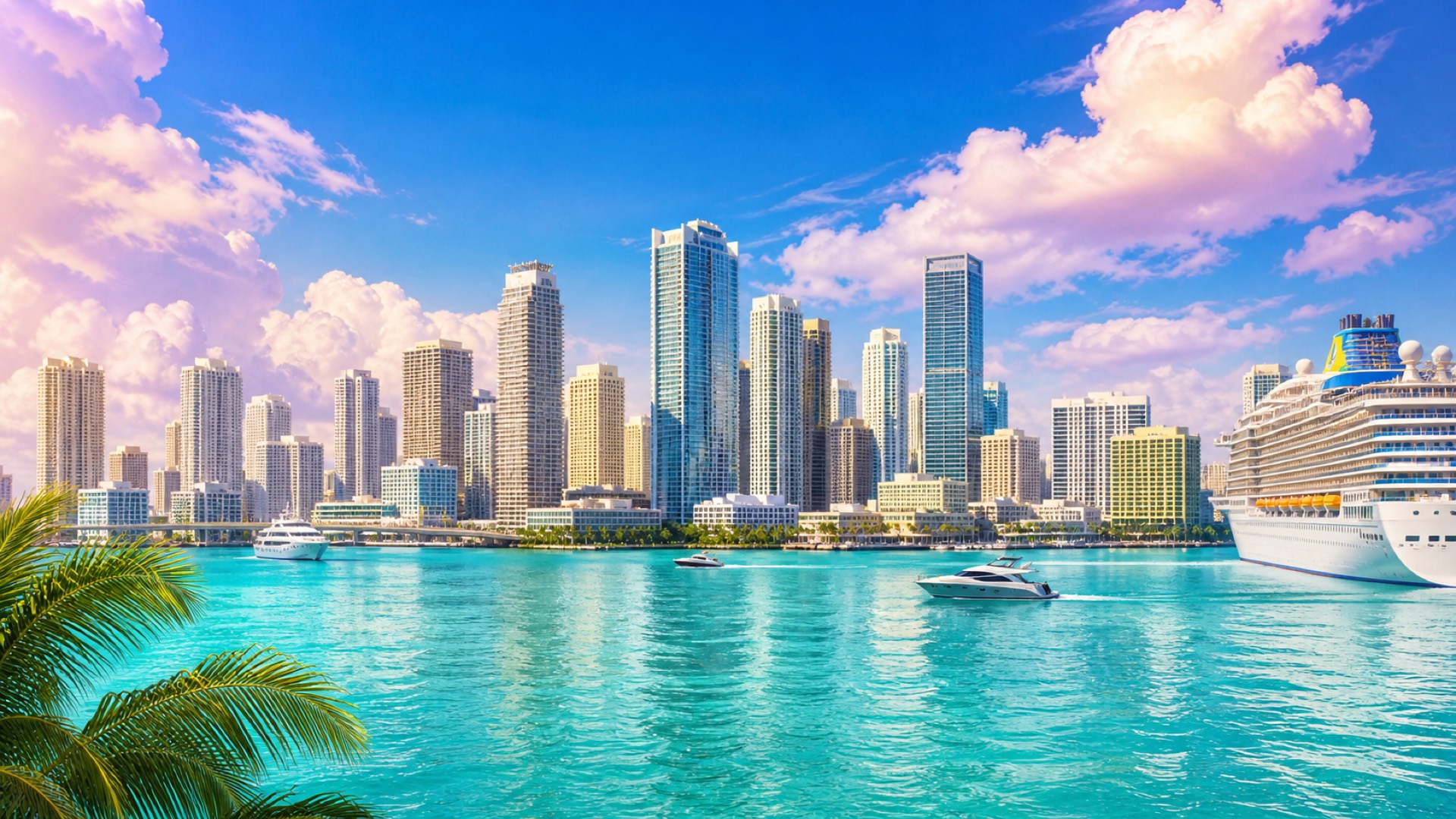 Stylized rendering of the Miami skyline across the bay