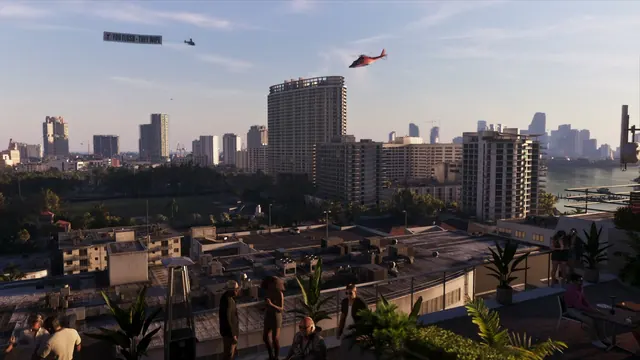 An Extended Look at 12:26: Miami Beach rooftop view west over the bay to downtown, banner-tow plane overhead