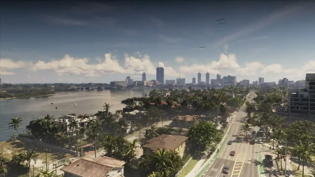 An Extended Look at 16:38: Aerial along an island boulevard with Biscayne Bay and the downtown skyline across the water