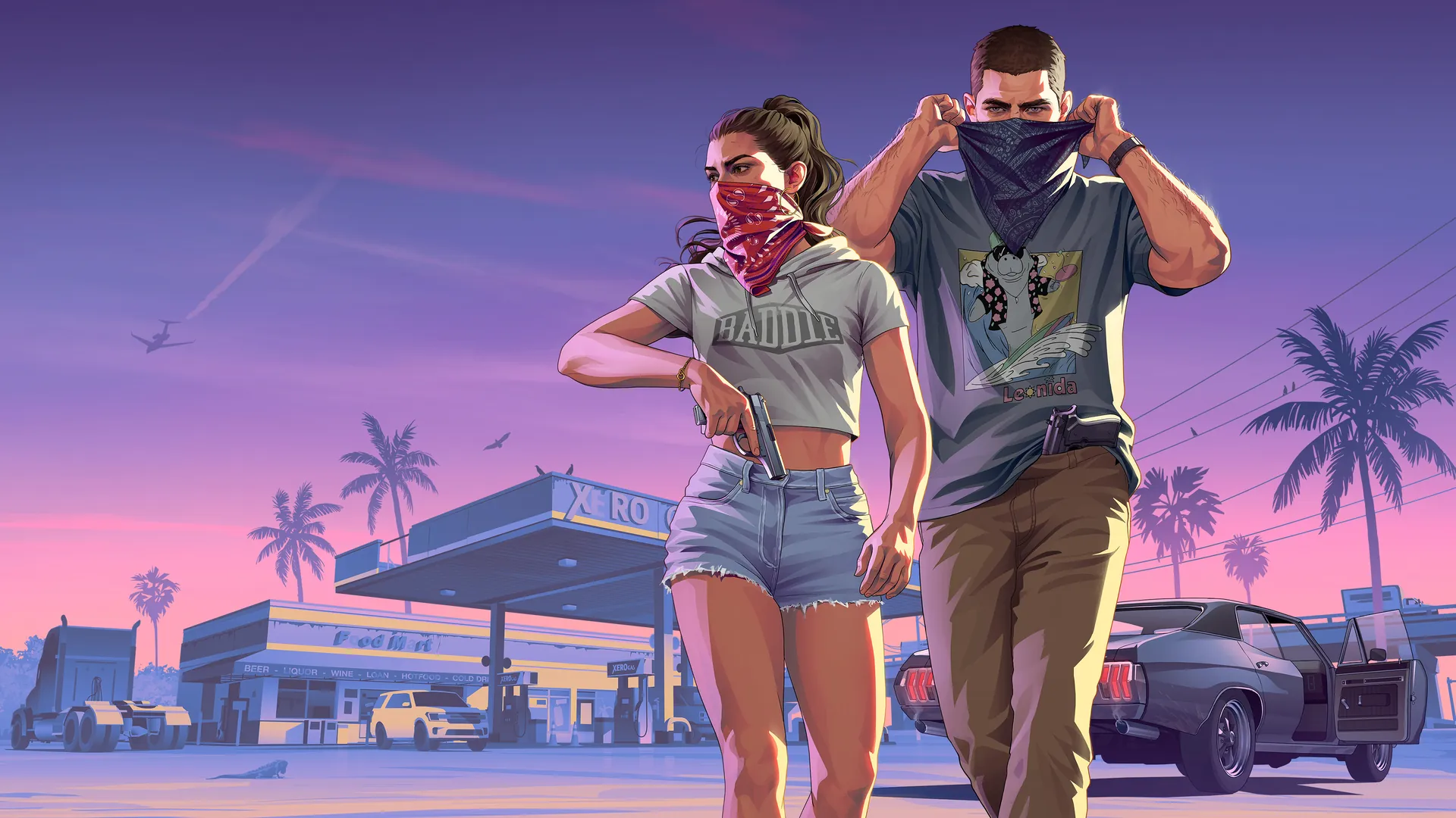 Official GTA VI key art of Jason and Lucia in bandanas outside a gas station