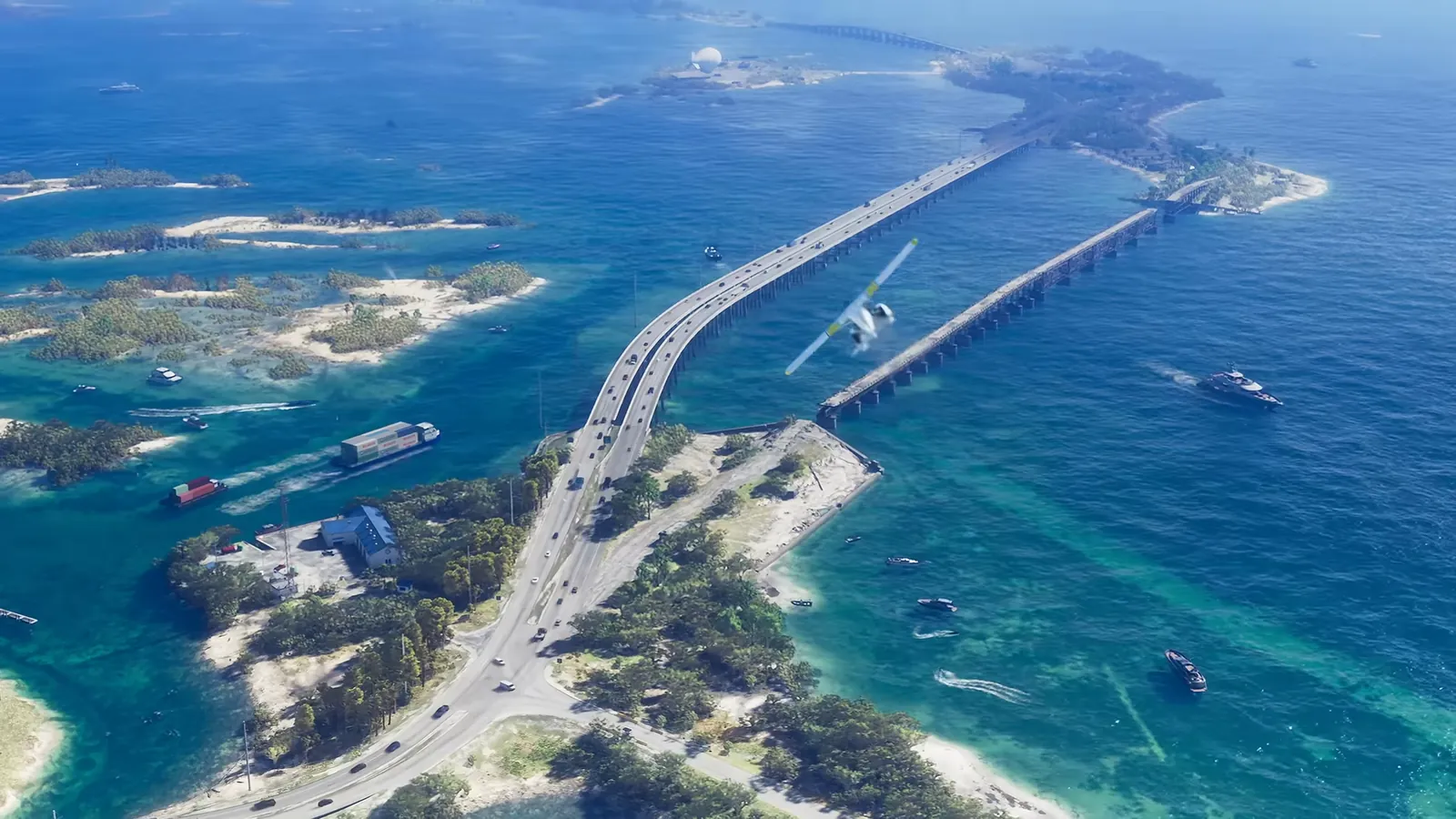 Bahia Honda Rail Bridge and new Bahia Honda Bridge, Bahia Honda State Park in GTA VI: Keys flyover showing a gapped, derelict old bridge running beside the modern highway bridge.