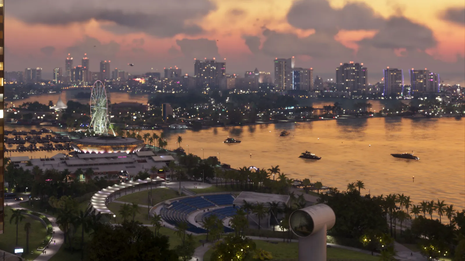 Bayside Marketplace and Skyviews Miami Observation Wheel in GTA VI: Sunset over the bayfront: the Ferris wheel and waterfront market beside the park's amphitheater, with Vice Beach across the bay.