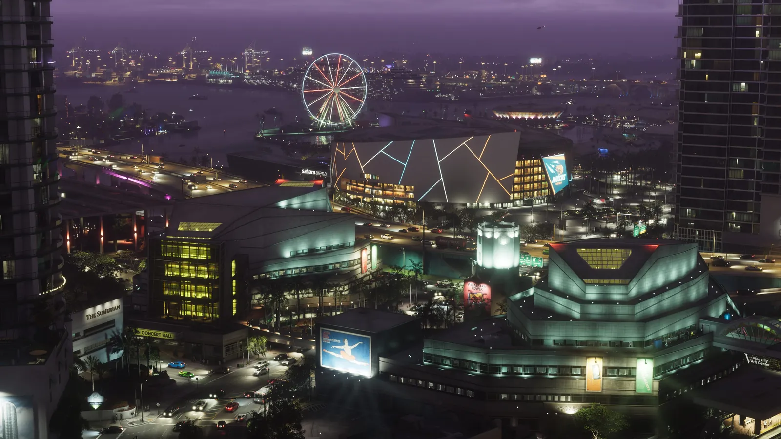 Catalan Boulevard in GTA VI: Night over Catalan Boulevard as it runs past the arts center, Sahara Arena and the bayfront Ferris wheel, with the port beyond.