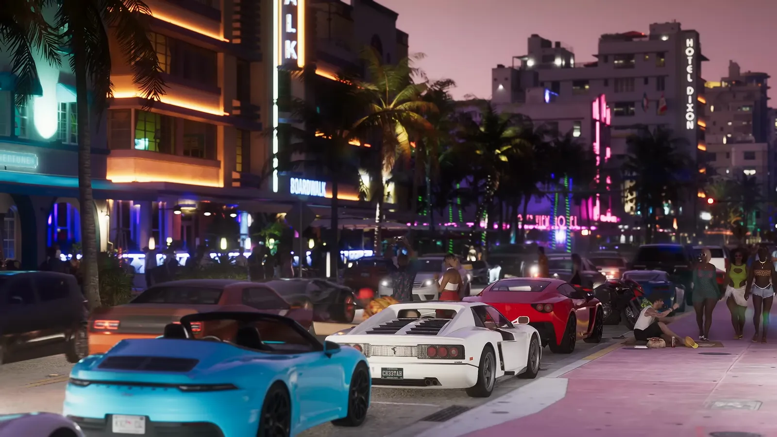 Boardwalk Hotel in GTA VI: The Boardwalk hotel's neon signs glow on Shore Drive at dusk, with Hotel Dixon further down the strip.