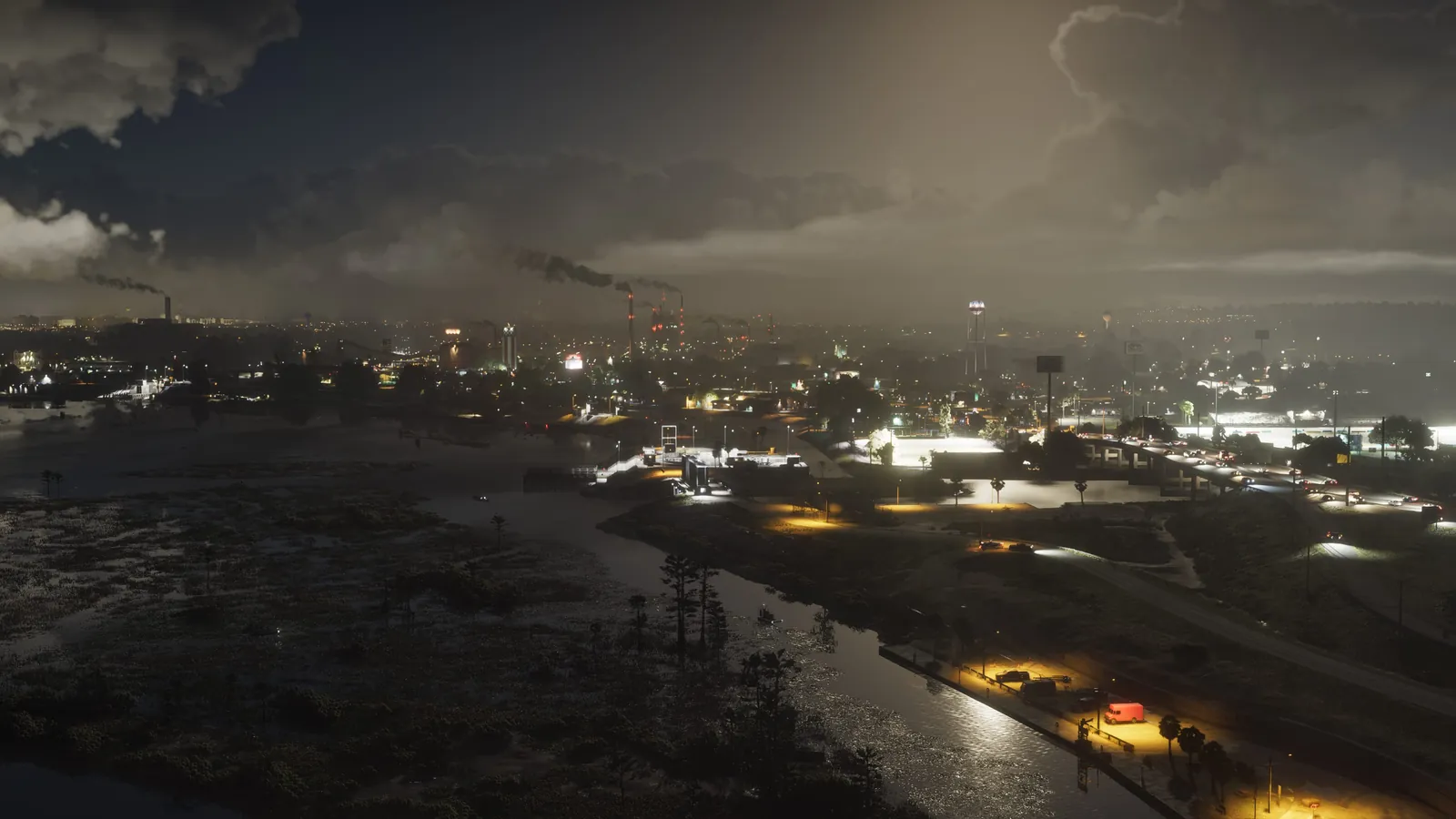 Allied Crystal Sugar Refinery in GTA VI: Ambrosia's skyline at night, dominated by the refinery's smokestacks.