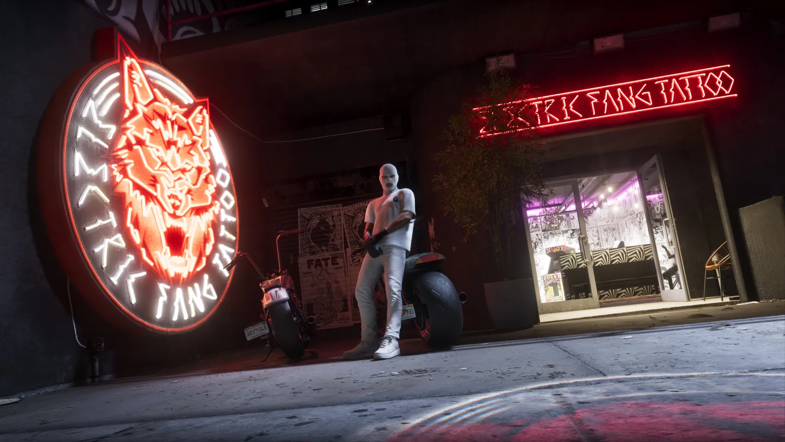 Electric Fang Tattoo in GTA VI: The Electric Fang Tattoo storefront at night, with its neon wolf-head sign and red neon lettering.
