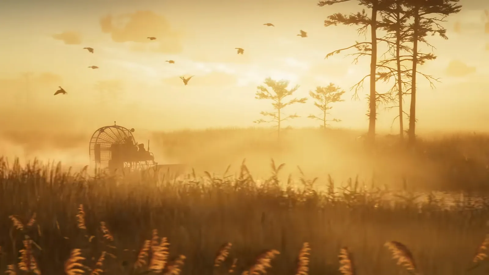Grassrivers in GTA VI: An airboat cuts through golden, misty sawgrass in the Grassrivers as birds fly overhead.