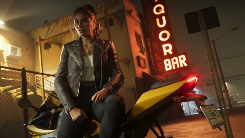 Hoodwinks Bar in GTA VI: Lucia sits on a motorcycle outside a bar under its glowing 'Liquor Bar' neon sign.