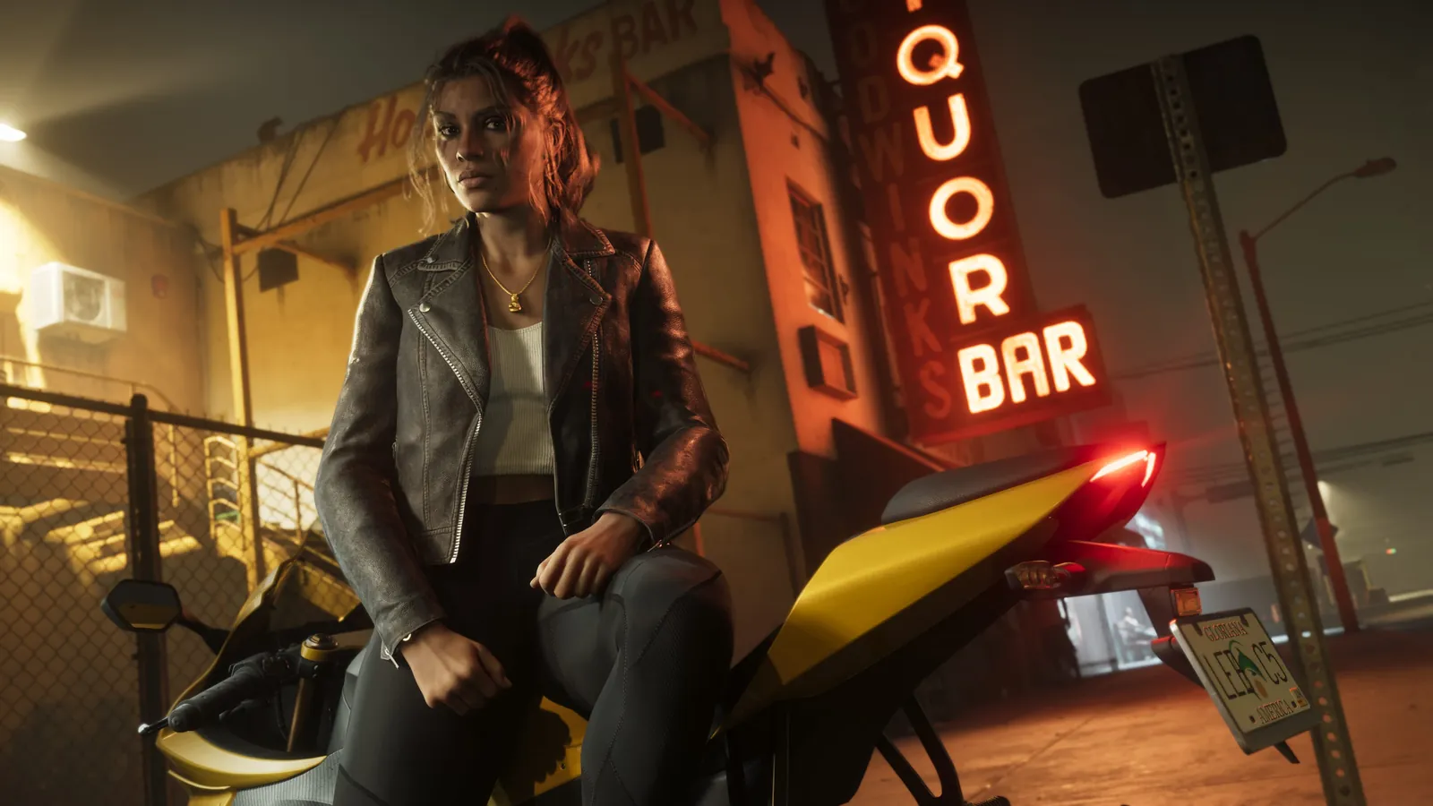 Hoodwinks Bar in GTA VI: Lucia sits on a motorcycle outside a bar under its glowing 'Liquor Bar' neon sign.
