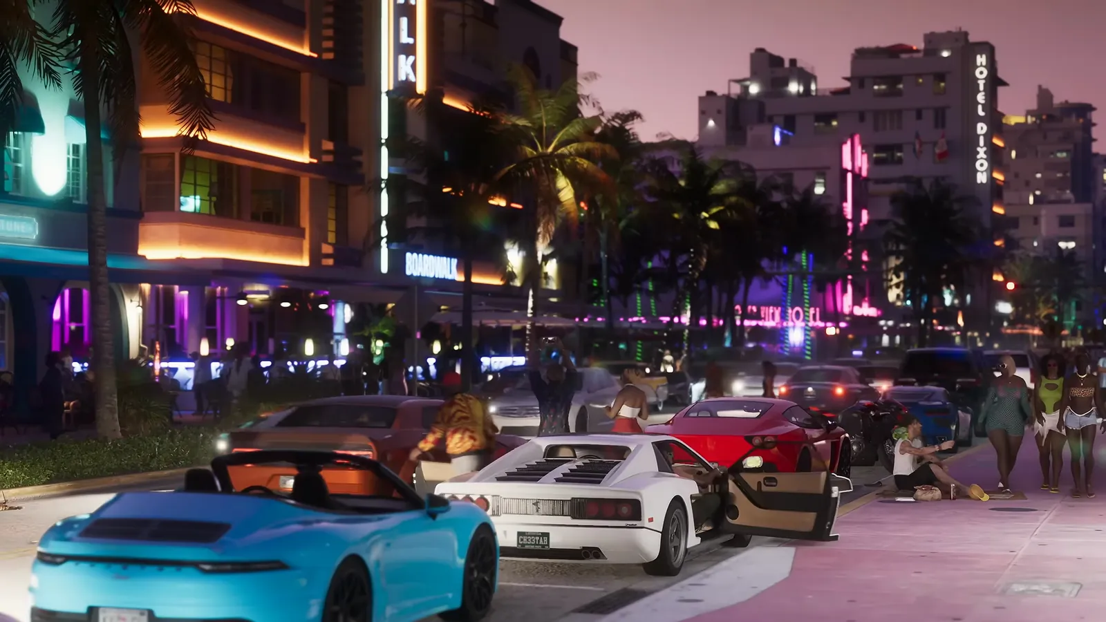 Hotel Dixon in GTA VI: Hotel Dixon's vertical neon sign rises over Shore Drive's evening crowd and parked sports cars.