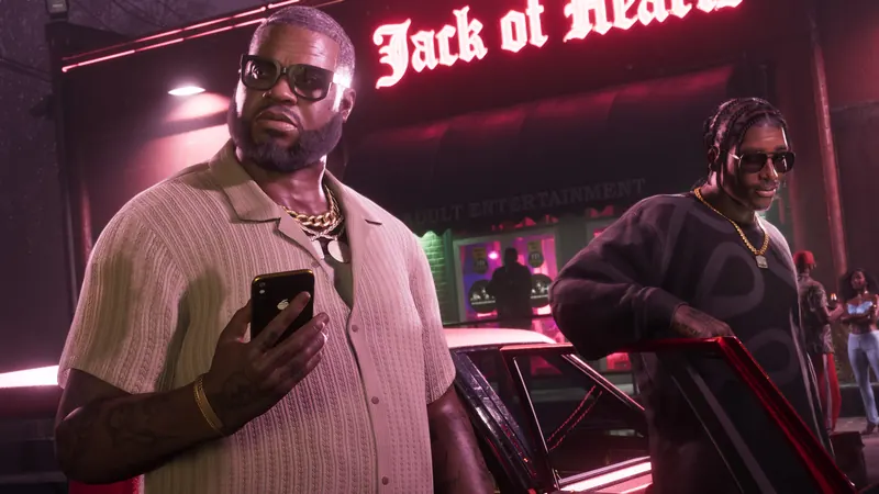 Jack of Hearts in GTA VI: Boobie Ike stands outside the Jack of Hearts club beneath its neon sign.
