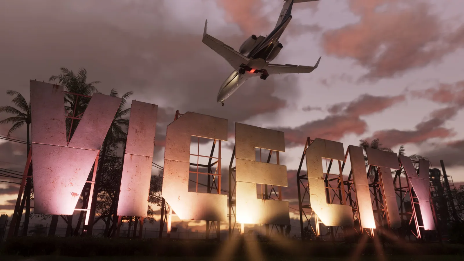 Vice City International Airport in GTA VI: A jet flies low over the giant 'Vice City' sign near the airport.