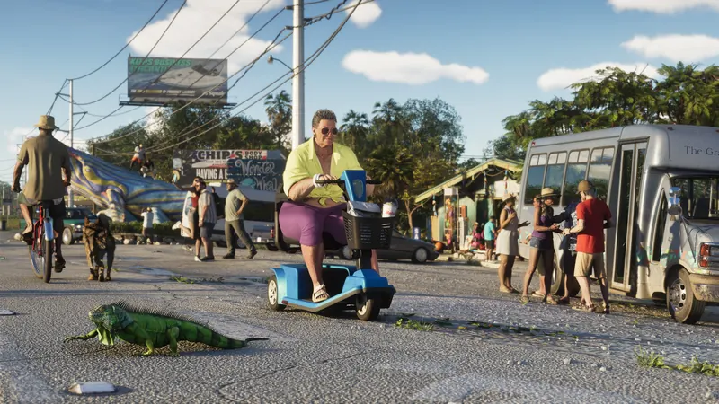 Wonder Whale in GTA VI: The giant striped Wonder Whale sculpture and its sign stand by the Keys road as an iguana and a mobility-scooter rider cross in front.