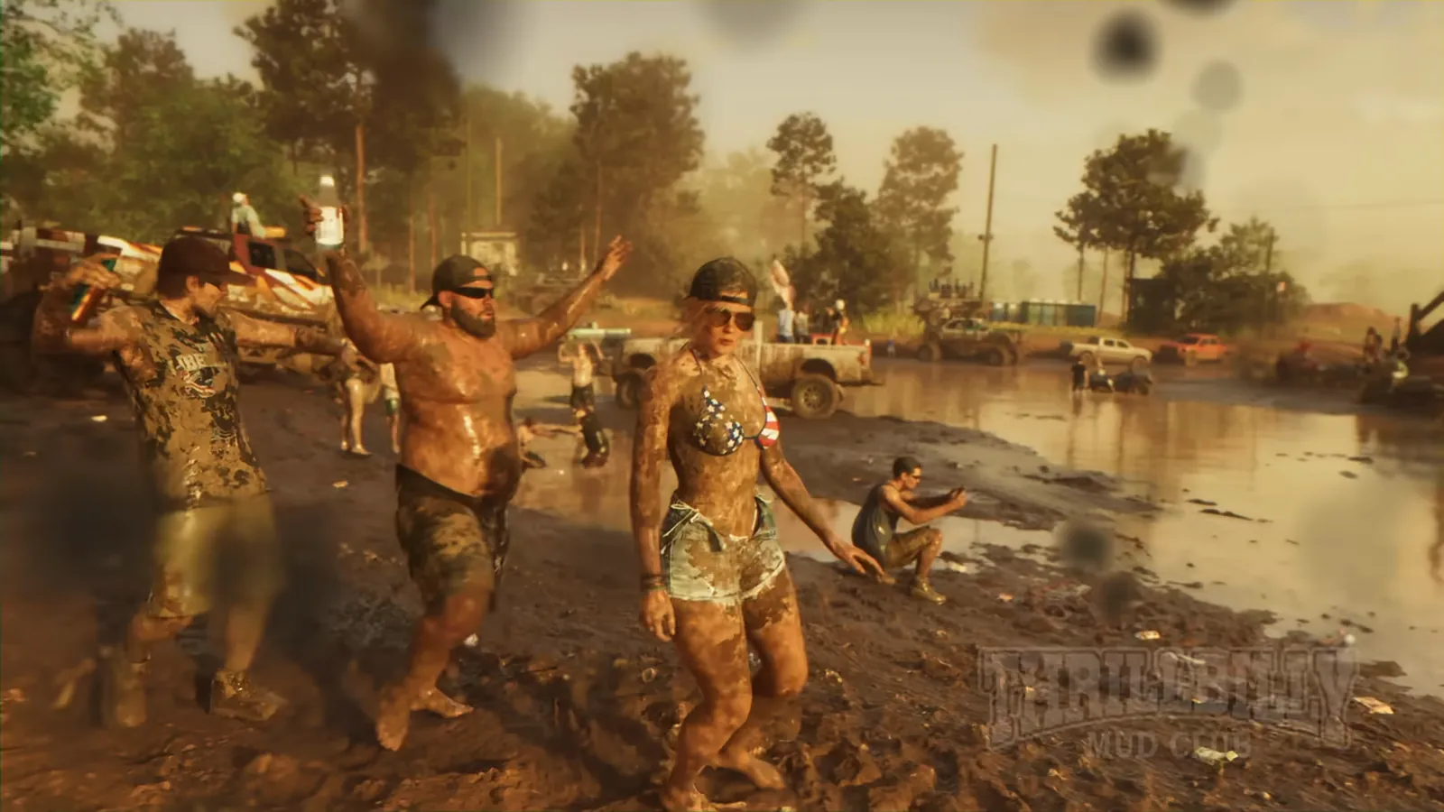 Thrillbilly Mud Club in GTA VI: Mud-caked partiers dance by a flooded off-road track lined with pickups, under a Thrillbilly Mud Club watermark.