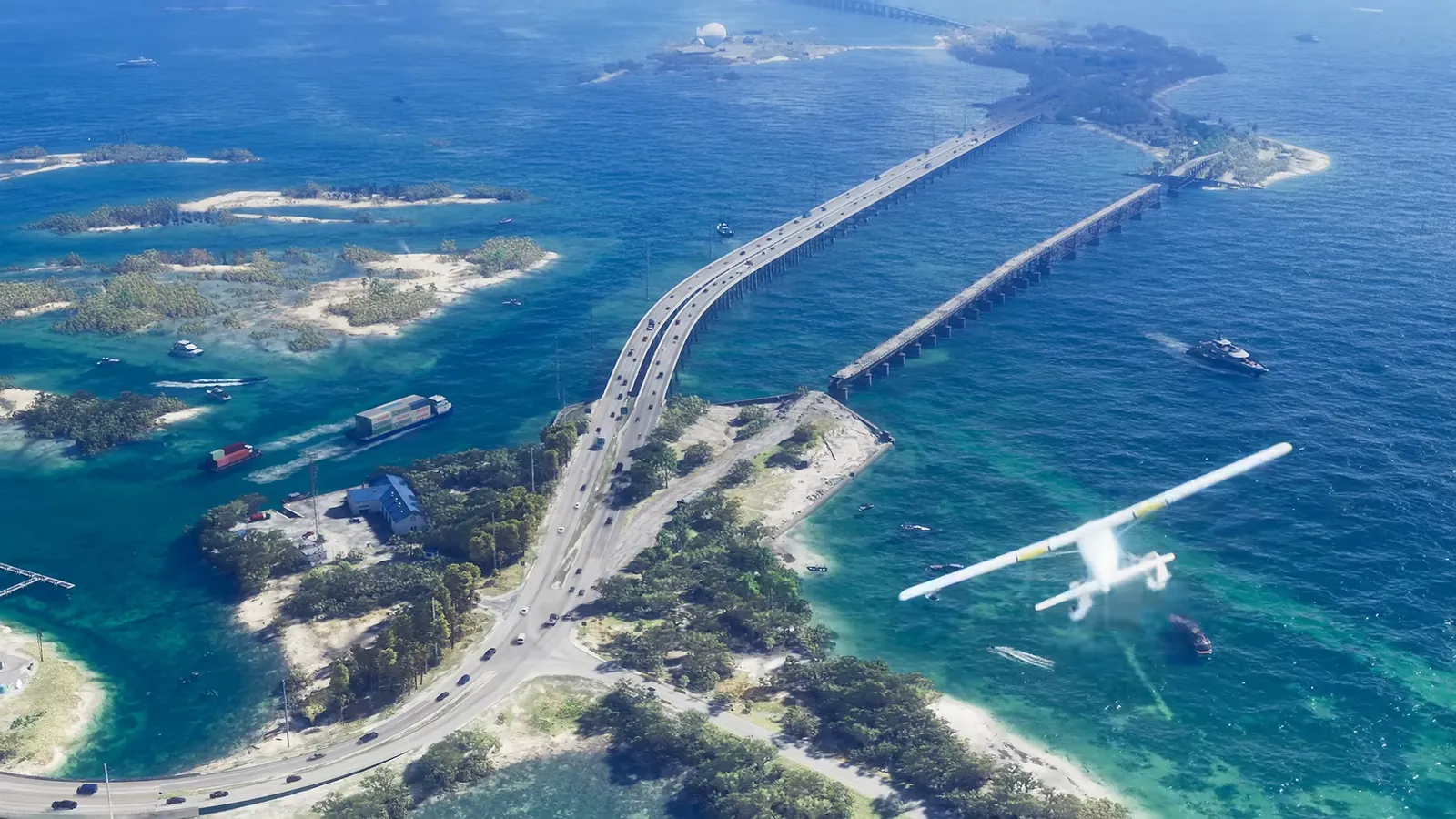 Seven Mile Bridge in GTA VI: A seaplane swoops over the Keys as a long highway bridge and a parallel old bridge link the islands.