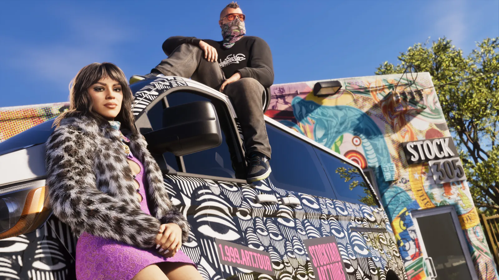 Stock 305 in GTA VI: The mural-covered Stock 305 streetwear shop in Stockyard, with its sign on the corner and a painted truck out front.